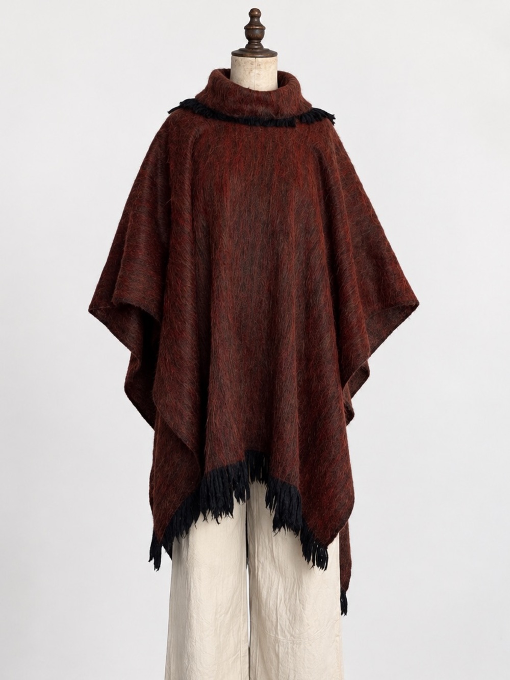 Vintage Red/Brown Alpaca Wool, Fringe Poncho From Ecuador